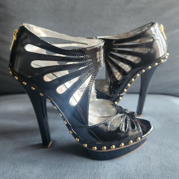 Melody Ehsani RARE Black & Gold Studded "Love Stinks" Stiletto Platforms. SZ 7 - Picture 1 of 8